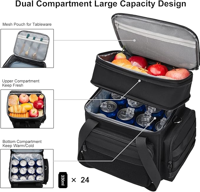 actical Lunch Box for Men, Insulated Lunch Bag Adult, Thermal Lunchbox Leakproof Waterproof Cooler Bag, Large Lunch Pail for Work Office Camping Travel (Black)