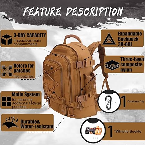 Expandable 40-64L Military Tactical Backpack 3 Day Bag Hiking Gym Sport Camping