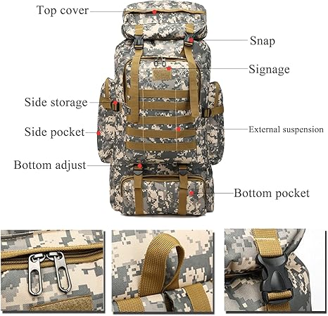 70L Hiking Backpack Men Large Waterproof Camping Backpack Lightweight Packable Backpacking Backpack Daypack Military Rucksack for Men Travel Climbing Outdoor Sports (Black)