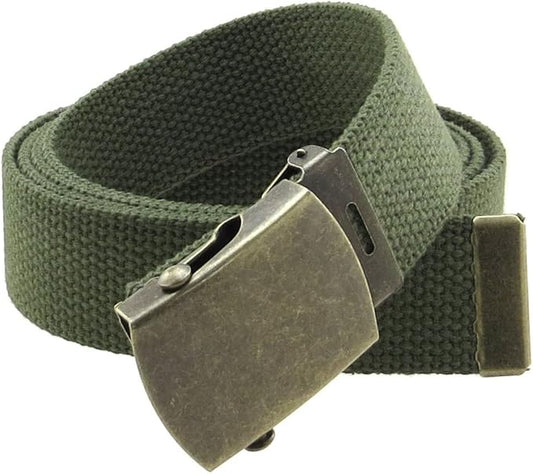 Canvas Web Belt Military Style with Antique Brass Buckle and Tip 50" Long