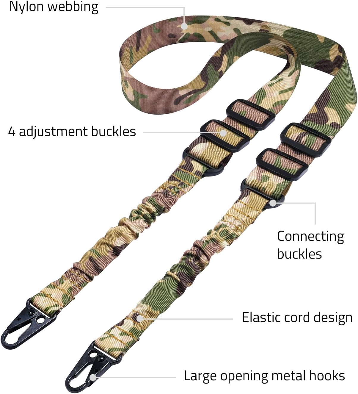 Two Points Rifle Sling with Length Adjuster Traditional Sling with Metal Hook for Outdoors