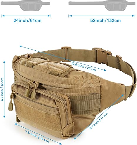 Tactical Fanny Pack Military Waist Bag Pack with USA Flag Patch Utility Hip Pack with Adjustable Strap for Outdoors Fishing Cycling Camping Hiking Dog Walking (Tan 2)