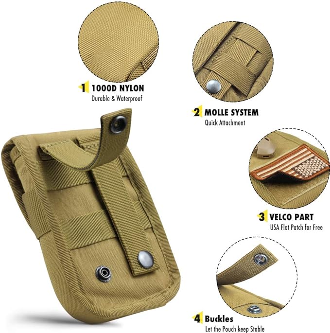 Tactical Phone Pouch Molle,Smartphone Holster Bag EDC Utility Cellphone Lock Card Holder Organizer Fit for Waist Belt Case Include Tactical Gear Clip and U.S.A Patch