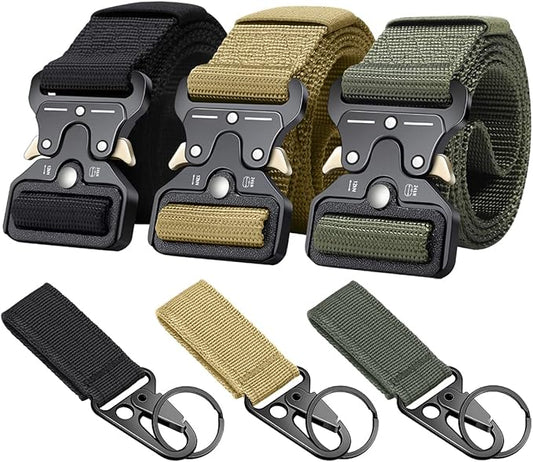 3-Pack Military Style Tactical Belts for Men, Quick-Release Metal Buckle with Molle Key Ring Holder