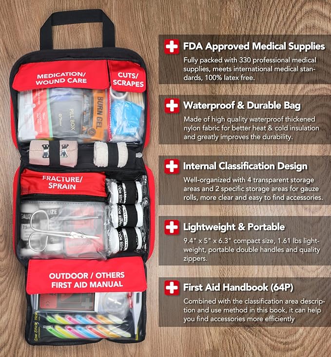 330 Piece First Aid Kit, Premium Waterproof Compact Trauma Medical Kits for Any Emergencies, Ideal for Home, Office, Car, Travel, Outdoor, Camping, Hiking, Boating (Red)