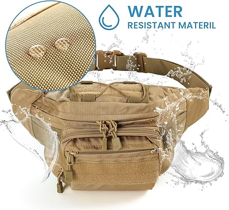 Tactical Fanny Pack Military Waist Bag Pack with USA Flag Patch Utility Hip Pack with Adjustable Strap for Outdoors Fishing Cycling Camping Hiking Dog Walking (Tan 2)