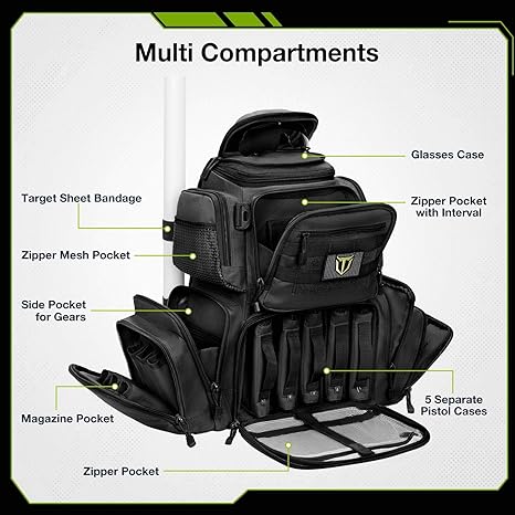 Tactical Range Backpack Bag for Gun and Ammo with Pistol Case (Black)