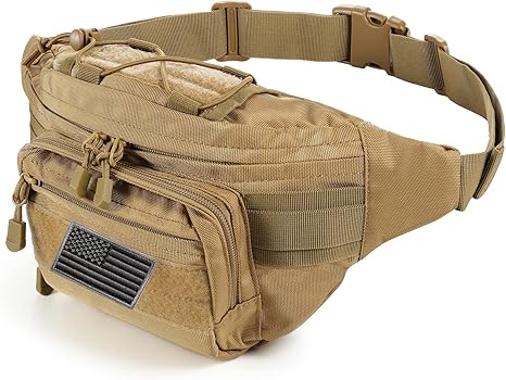 Tactical Fanny Pack Military Waist Bag Pack with USA Flag Patch Utility Hip Pack with Adjustable Strap for Outdoors Fishing Cycling Camping Hiking Dog Walking (Tan 2)