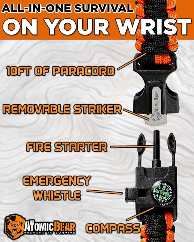 Paracord Bracelet (2 Pack) - Adjustable - Fire Starter - Loud Whistle - Perfect for Hiking, Camping, Fishing and Hunting - Black & Black+Orange