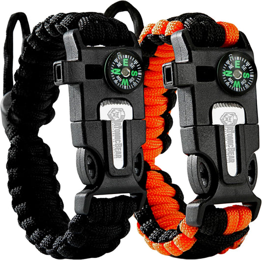 Paracord Bracelet (2 Pack) - Adjustable - Fire Starter - Loud Whistle - Perfect for Hiking, Camping, Fishing and Hunting - Black & Black+Orange