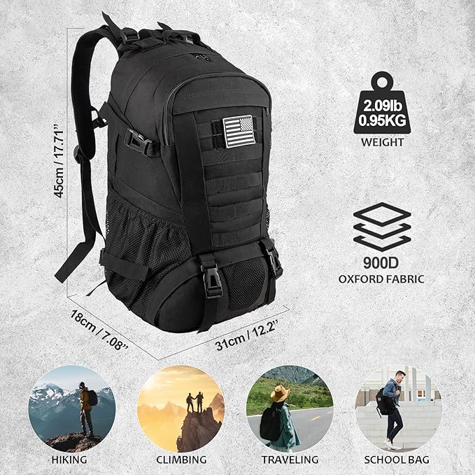 Tactical Backpack for Men Hiking Day Pack Molle Military Rucksack Waterproof 30L EDC Bag with USA Flag Patch